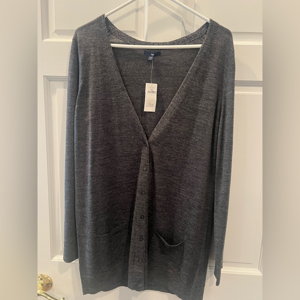 GAP knit vneck cardigan with lurex glitter trim, size large NWT